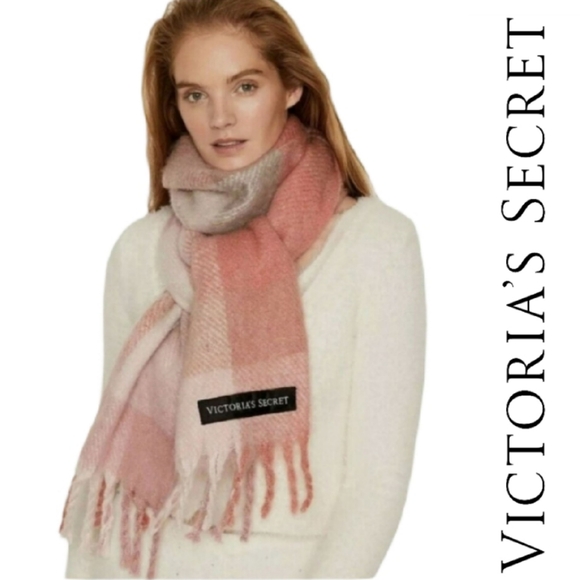 Victoria's Secret Accessories - Victoria's Secret Plaid Fluffy Scarf In Buff Pink Grey
